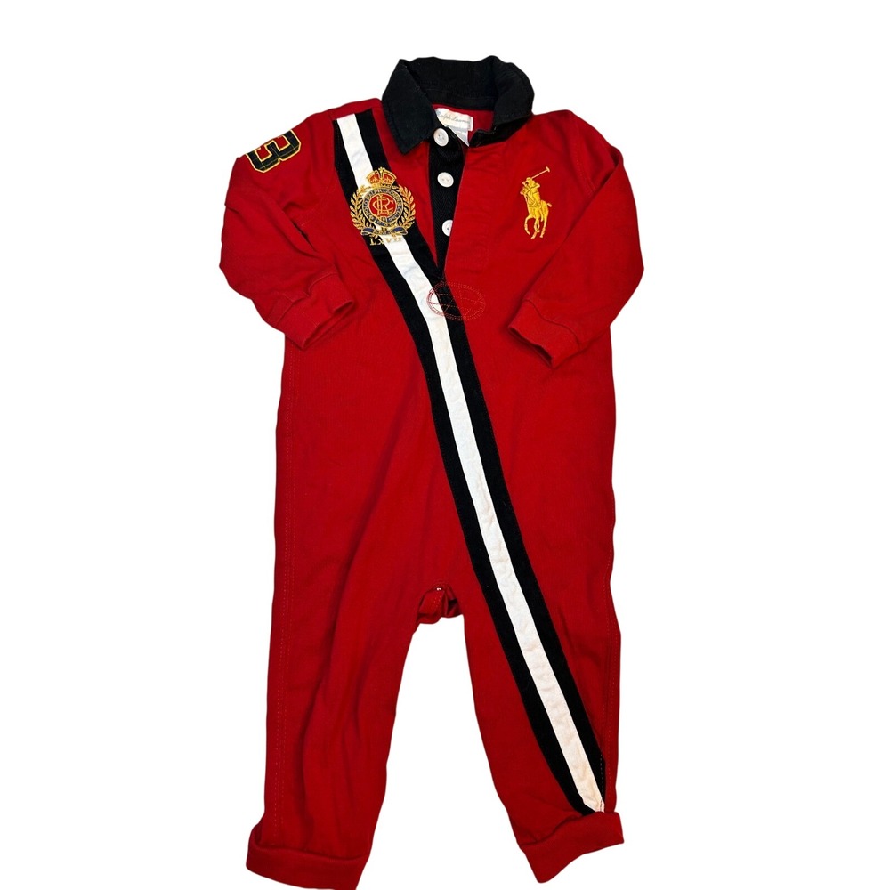 Ralph Lauren Rugby Coverall Kids 12M Red Big Pony Crest Long Sleeve Romper Y2K